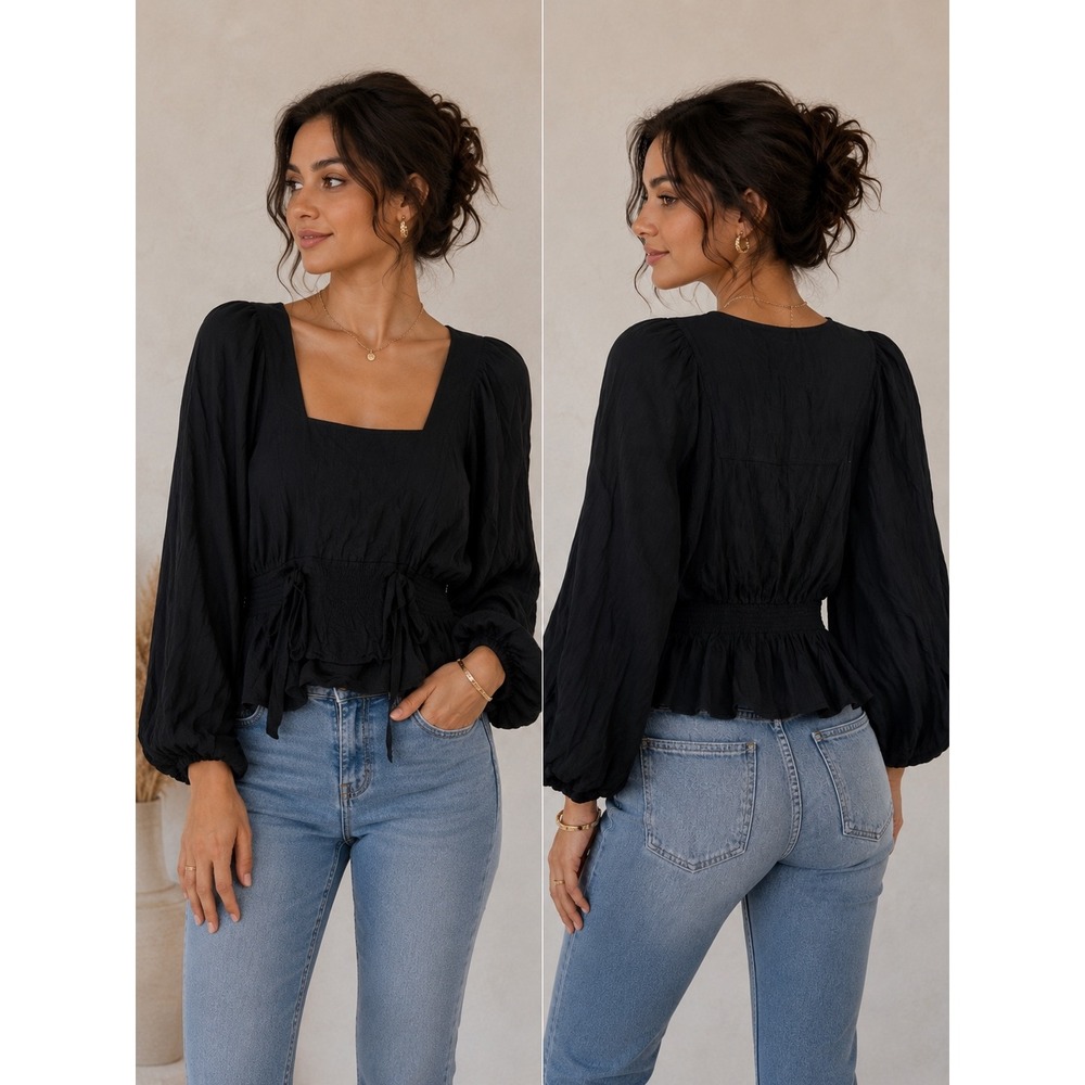 Parker Blouse Tops Black Smocked Waist Balloon Sleeve Peplum Small
